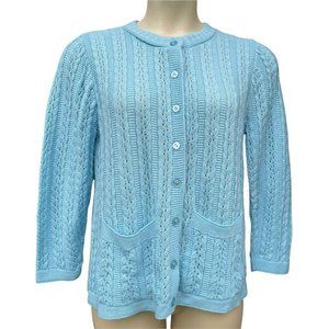 Vtg Pastel Blue Cable Knit Cardigan Granny Sweater Women M Grandmacore Glamour